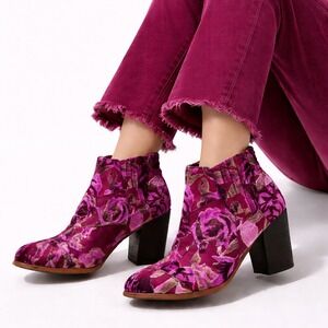 Billy Ella Ankle Boots Size 7 Purple Floral Velvet Block Heel Chelsea Booties‎